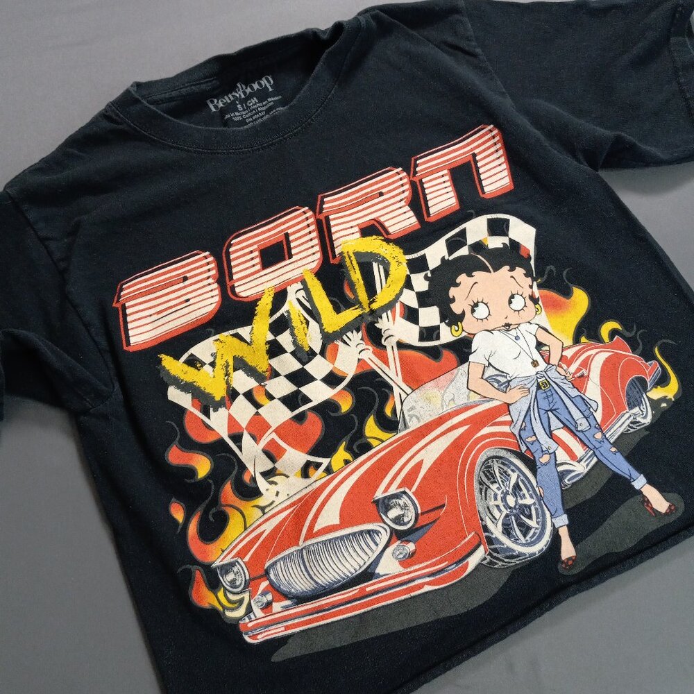 Betty Boop Born Wild Racing Graphic Cropped Tee Black Short Sleeve Small